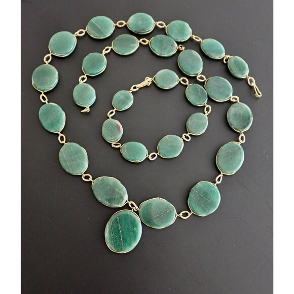 Green Aventurine Necklace & Matching Bracelet Stone Disk Gold Tone Wire Links - Picture 12 of 16